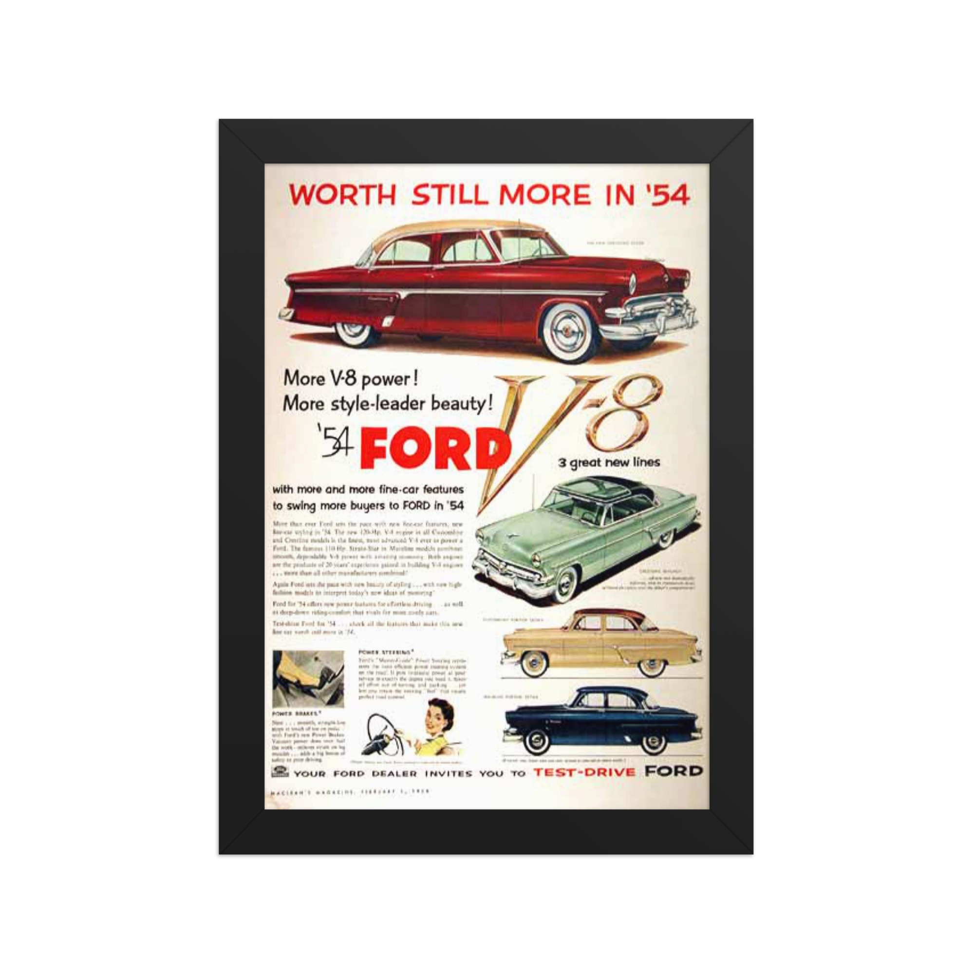 Framed 1954 Ford V8 Vintage Advertisement Poster - Wilsted Art